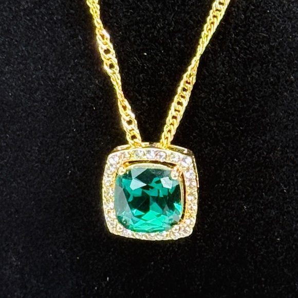 Jewelry - Goldtone Green Cushion Pendant Necklace with Halo Accents